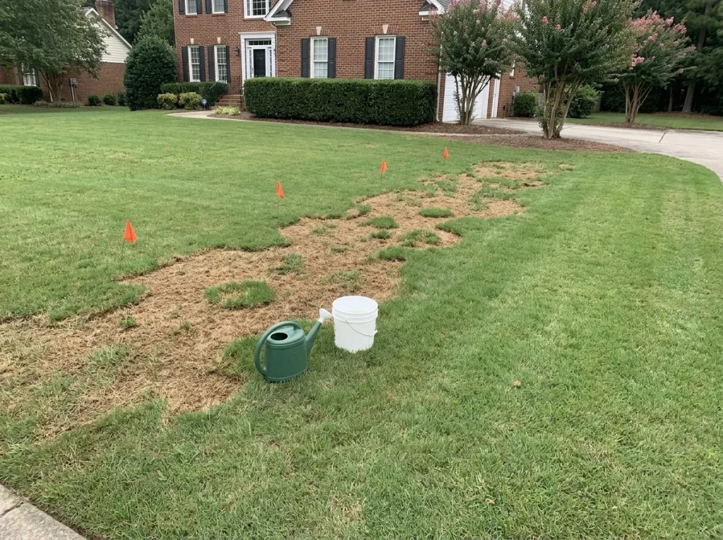 Nature's Select technician conducting an on-site fall armyworm monitoring visit with soap flush equipment on a central North Carolina residential lawn during late summer.