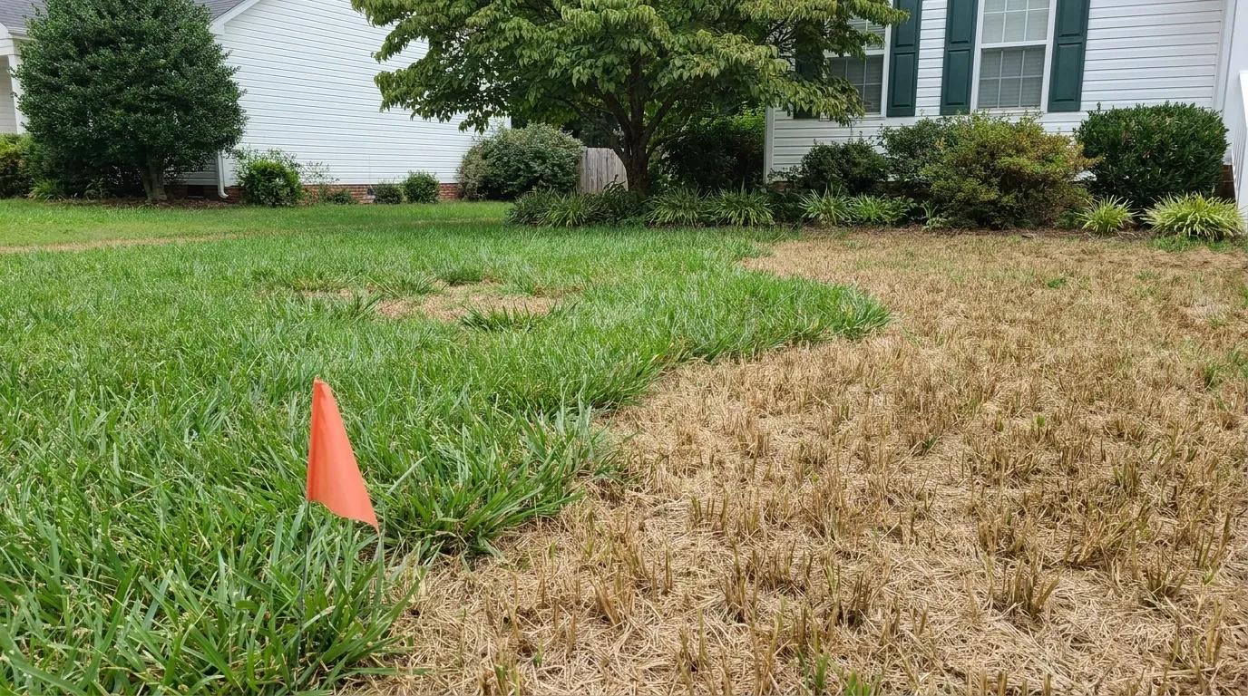 Fall armyworm damage front on a North Carolina tall fescue lawn with the defined edge between healthy green turf and closely cropped brown feeding zone visible in morning light.