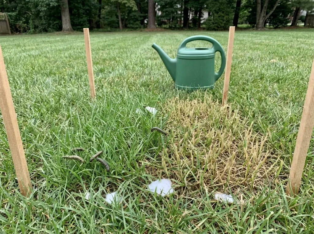 Homeowner running the soap flush test on a central North Carolina lawn with fall armyworm larvae emerging from thatch after a soap and water application.