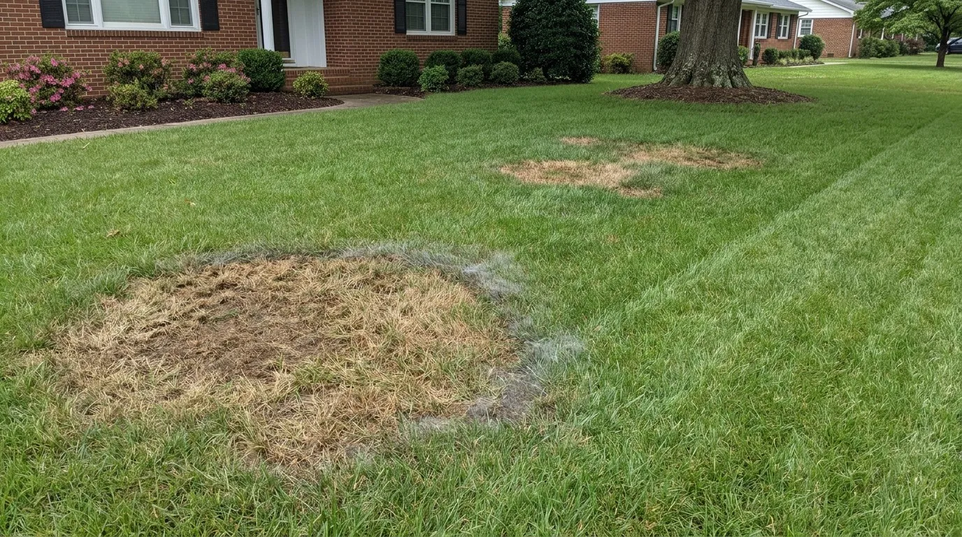 Brown patch disease in a tall fescue lawn, with circular tan patches and a gray smoke ring of fungal mycelium at the edge