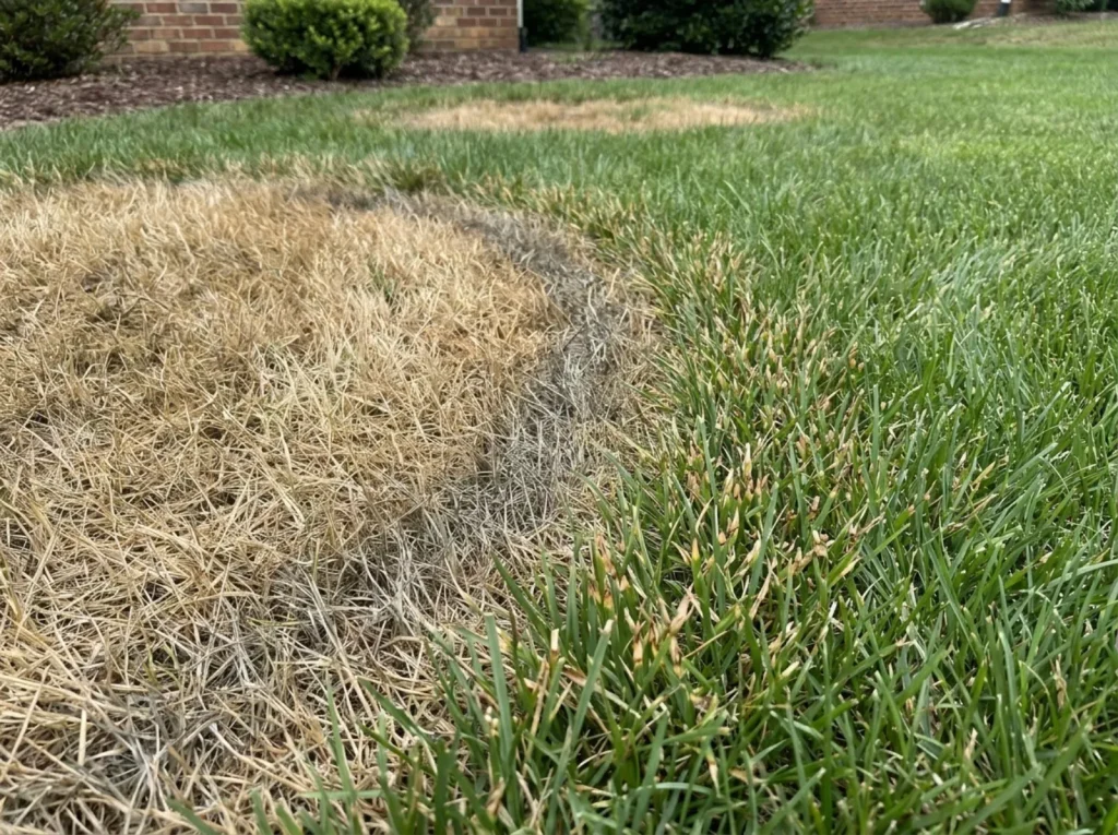 Close-up macro of tall fescue leaf blades showing brown patch foliar lesions with dark brown borders and smoke-ring edge