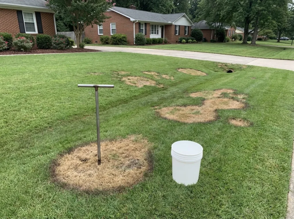 Nature's Select® specialist inspecting tall fescue lawn for brown patch, checking soil moisture and mycelium at early morning