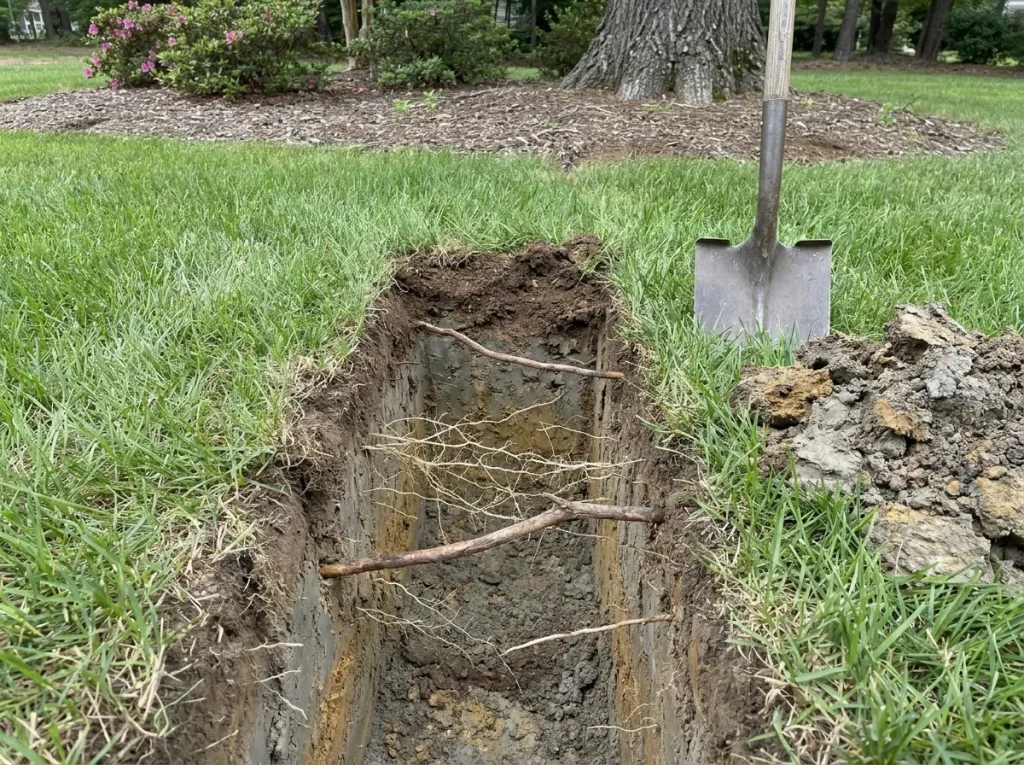 Cross-section illustration of North Carolina clay soil showing tree feeder roots at 6 to 18 inch depth where deep root feeding delivers nutrients