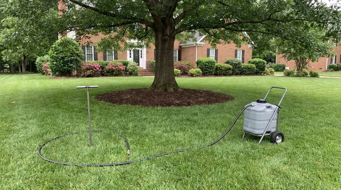 Deep root tree fertilization probe injecting biological nutrients into North Carolina clay soil beneath a mature oak canopy