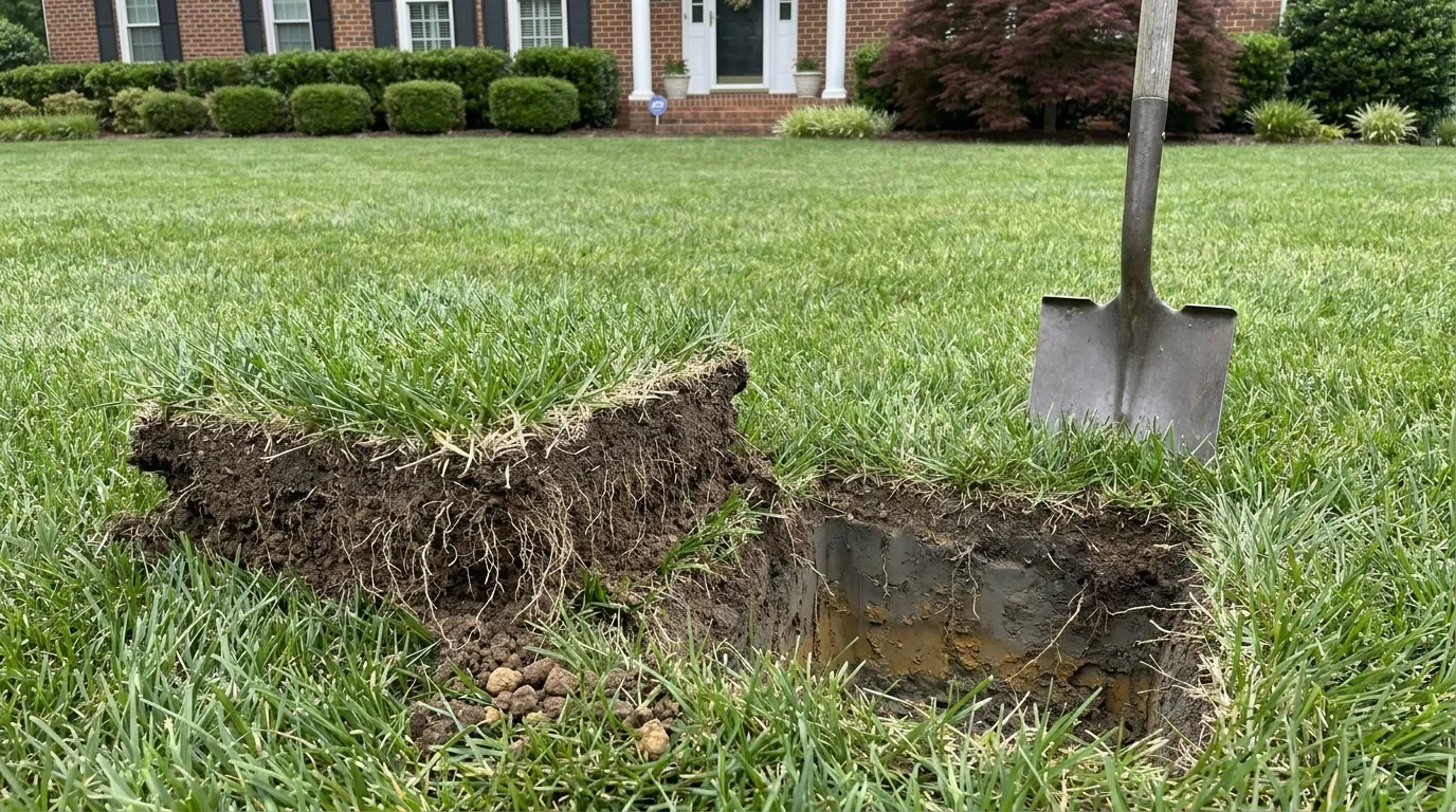 Lifted block of lawn turf showing grass roots and dark topsoil, the root zone where soil microbes live, beside a shovel