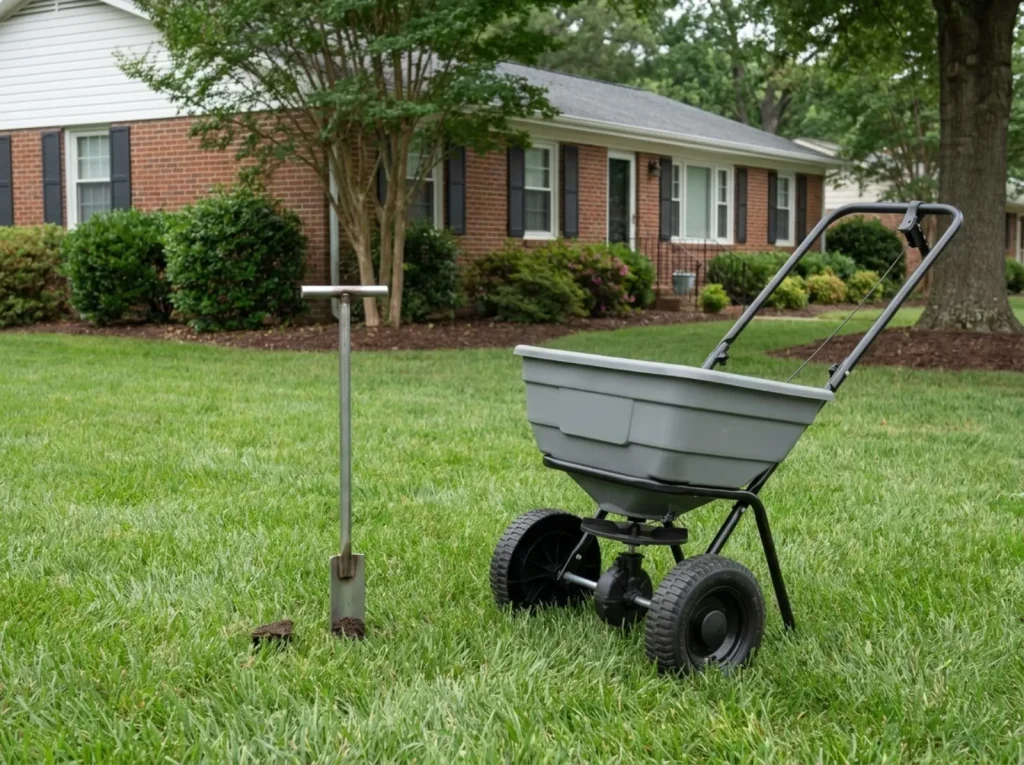 Nature's Select technician inspecting soil core sample on a North Carolina lawn to assess soil microbes and lawn disease pressure