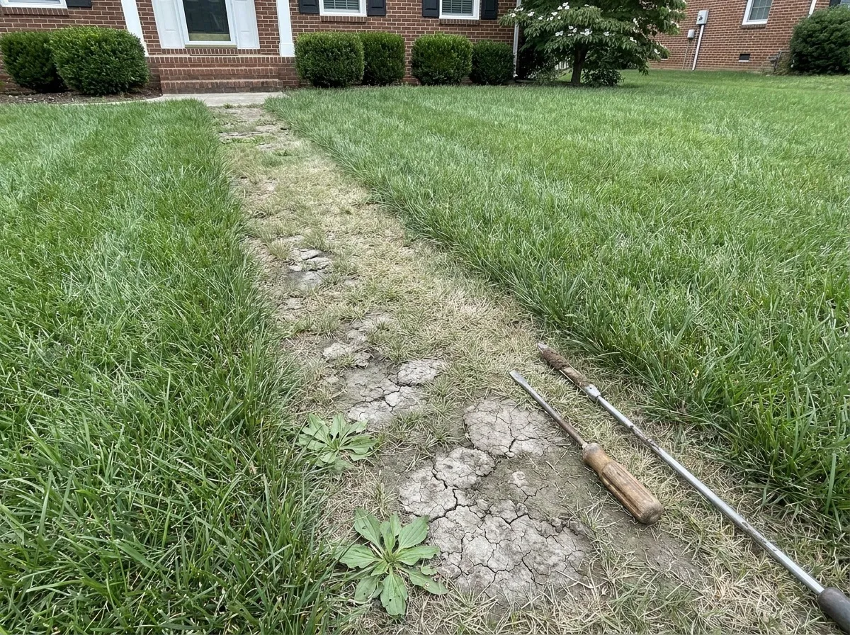 Soil compaction diagnostic tools laid out on a central North Carolina lawn, including screwdriver, soil probe, and moisture meter.