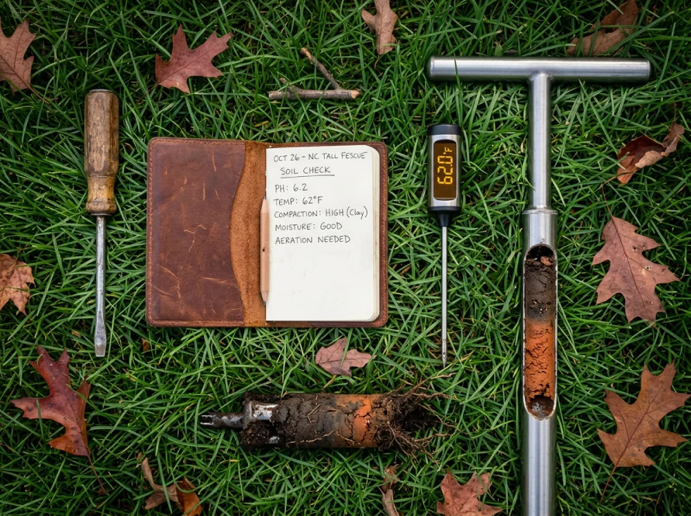 Soil compaction diagnostic tools laid out on a central North Carolina lawn, including screwdriver, soil probe, and moisture meter.