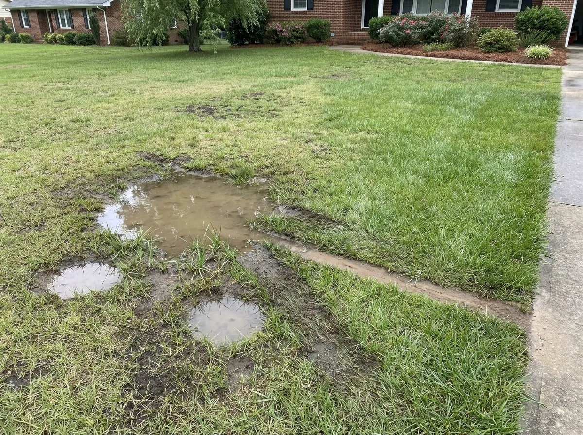 Water pooling on compacted lawn surface after light rain, showing early sign of soil compaction on central North Carolina turf.