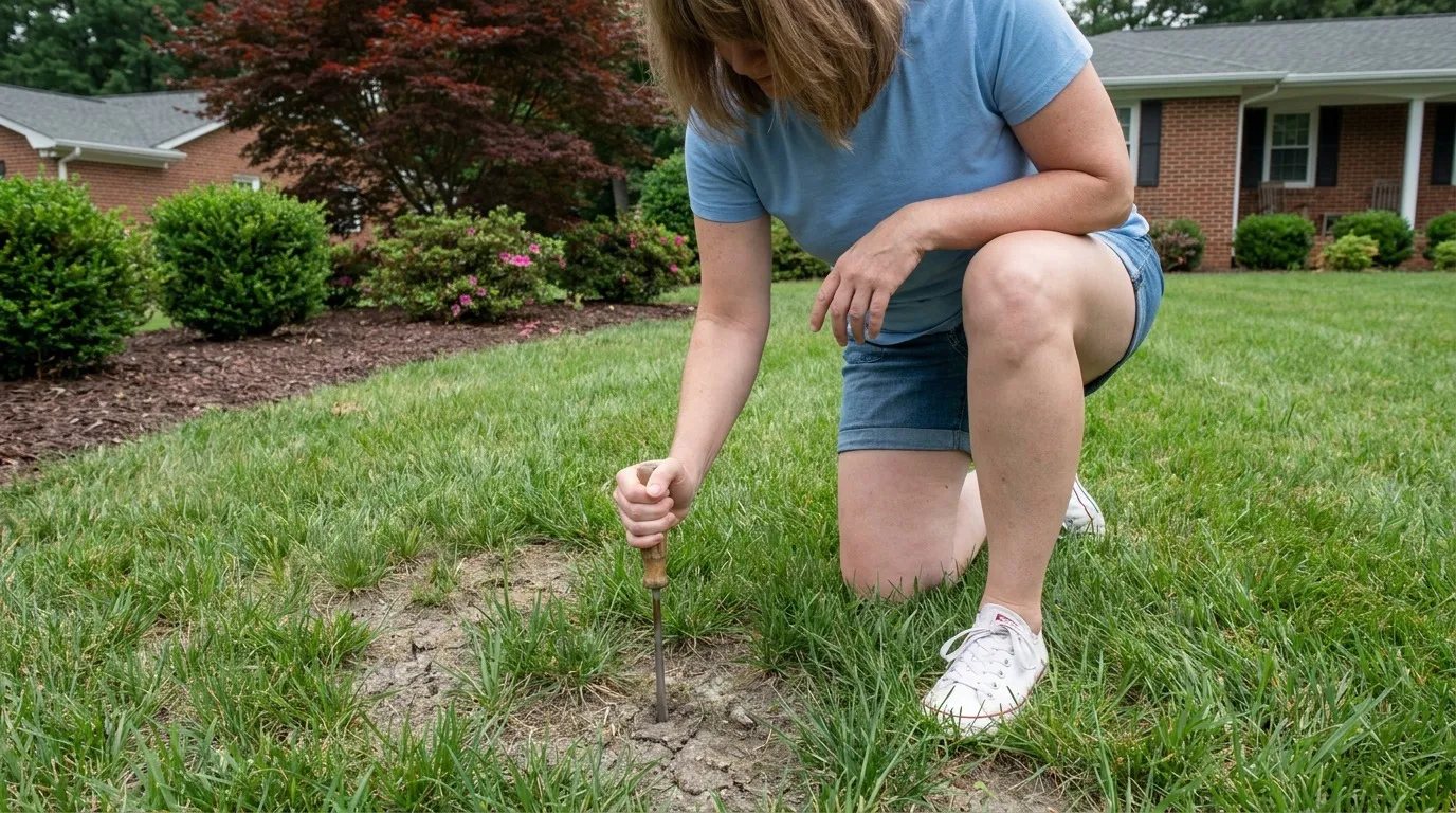 Homeowner performing screwdriver test for signs of soil compaction on a central North Carolina lawn.