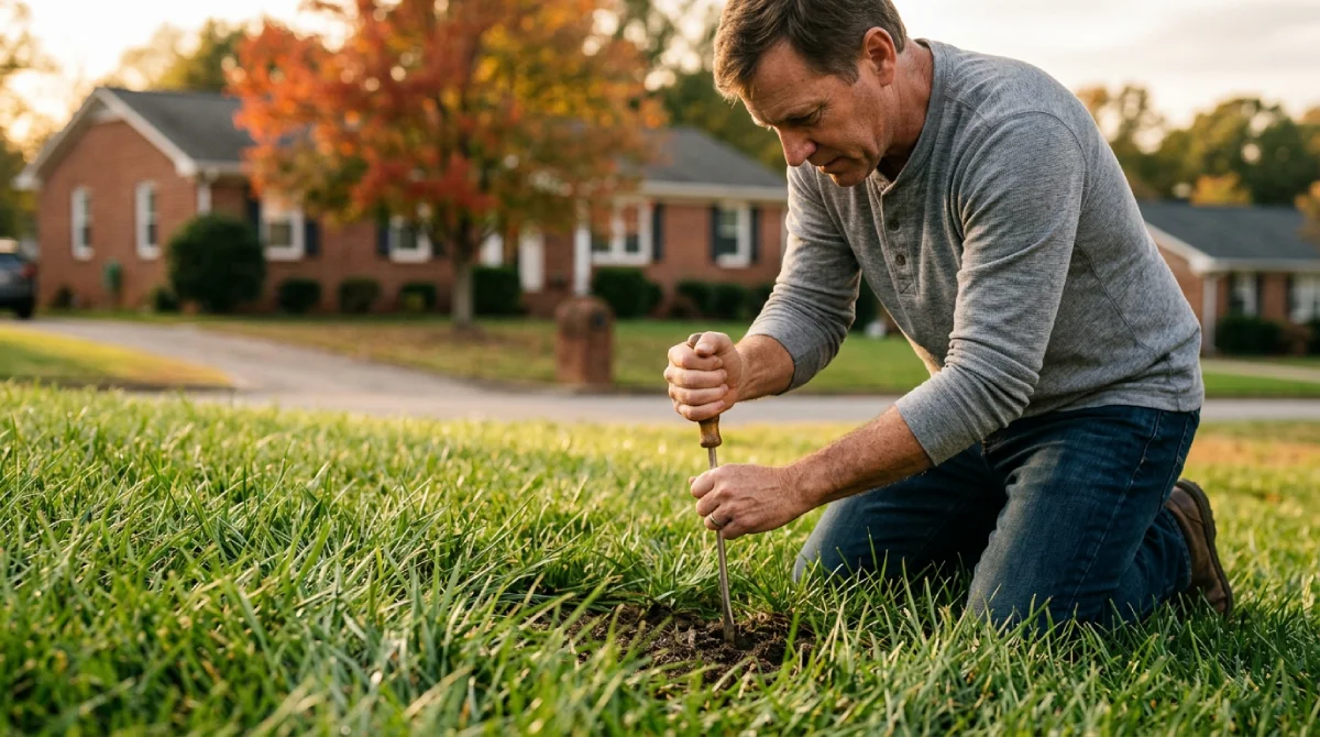 Homeowner performing screwdriver test for signs of soil compaction on a central North Carolina lawn.