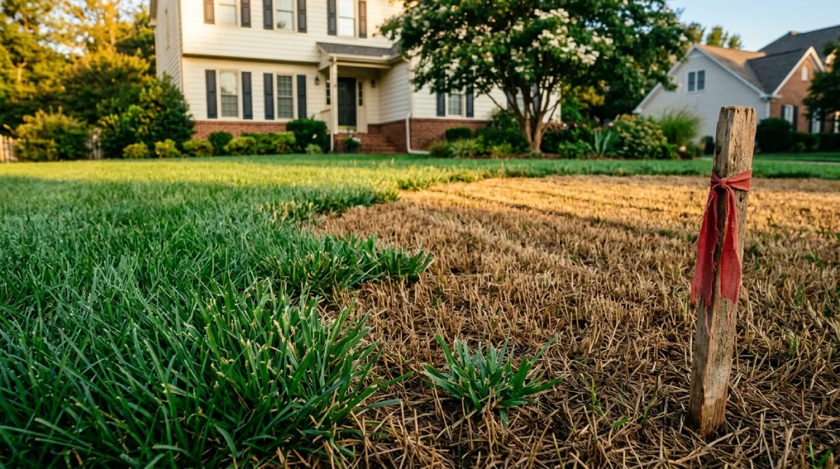 Fall armyworm damage front on a North Carolina tall fescue lawn with the defined edge between healthy green turf and closely cropped brown feeding zone visible in morning light.
