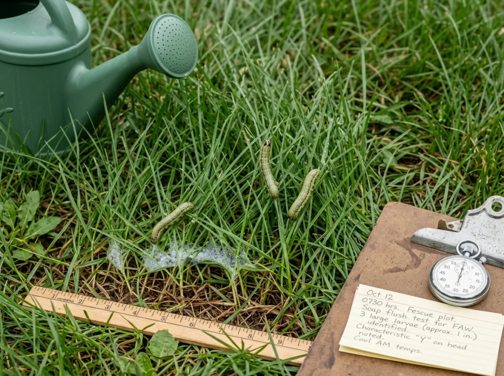 Homeowner running the soap flush test on a central North Carolina lawn with fall armyworm larvae emerging from thatch after a soap and water application.