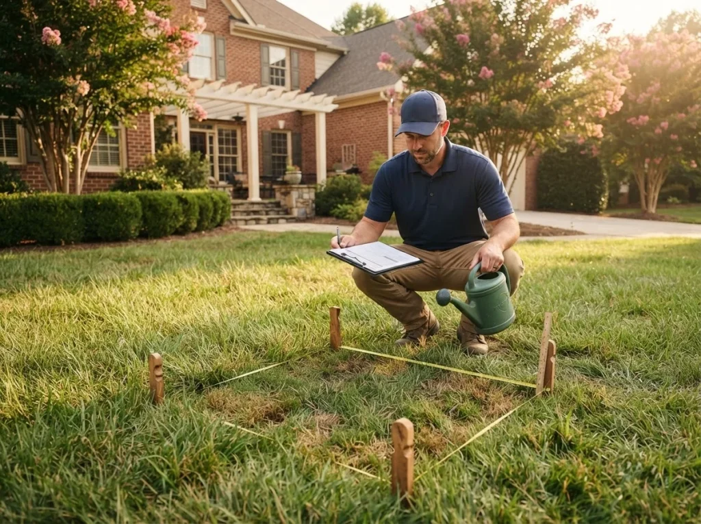 Nature's Select technician conducting an on-site fall armyworm monitoring visit with soap flush equipment on a central North Carolina residential lawn during late summer.