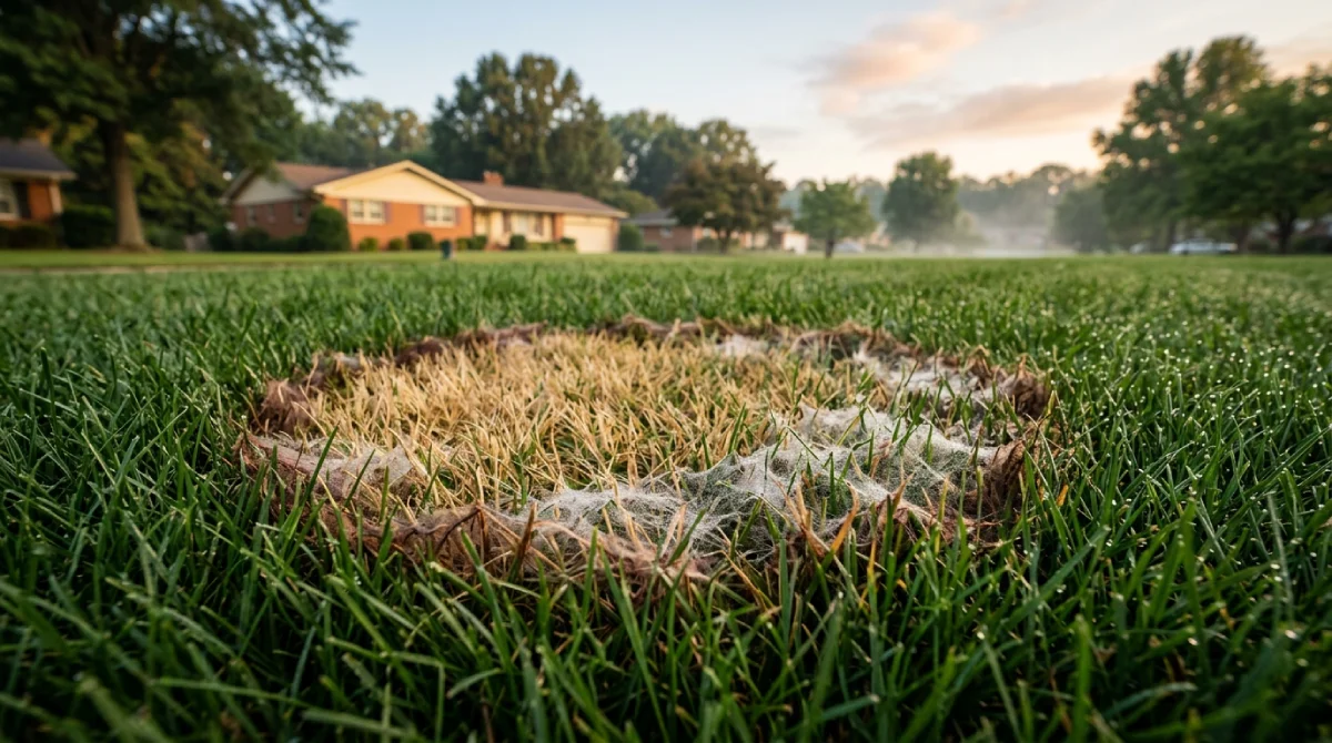 Rough circular brown patch on tall fescue lawn showing cottony gray mycelium at dawn in central North Carolina summer
