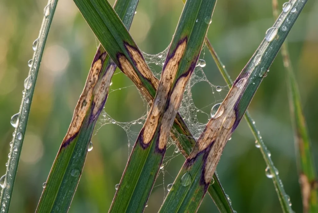Close-up macro of tall fescue leaf blades showing brown patch foliar lesions with dark brown borders and smoke-ring edge