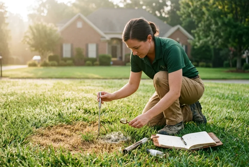 Nature's Select® specialist inspecting tall fescue lawn for brown patch, checking soil moisture and mycelium at early morning