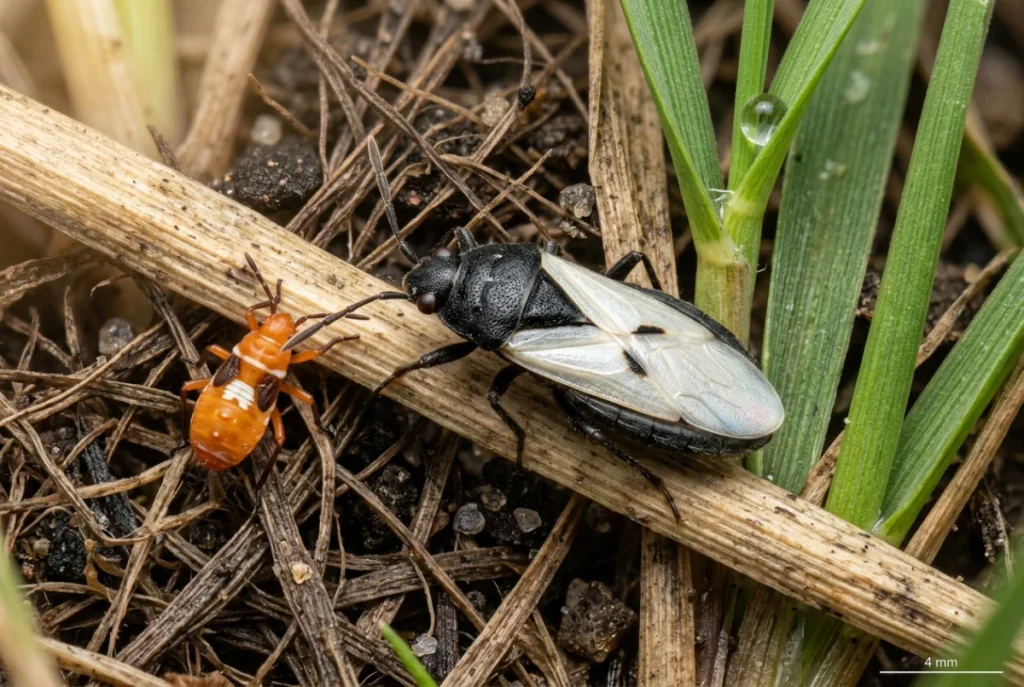 Macro view of southern chinch bug adult with white wings and black triangle marking beside orange nymph at soil line in North Carolina lawn