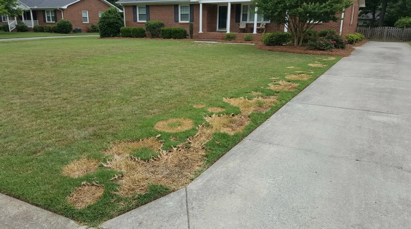 North Carolina lawn showing chinch bug damage in yellow patches along sunny driveway strip next to drought-stressed turf