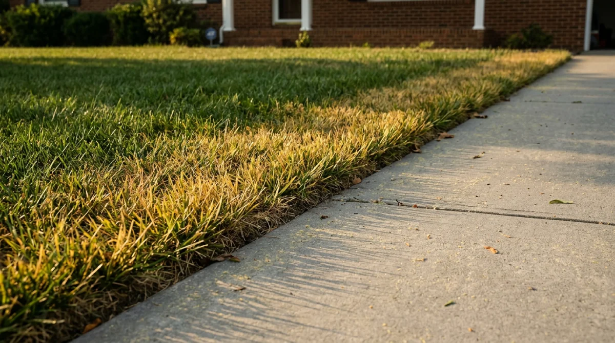 North Carolina lawn showing chinch bug damage in yellow patches along sunny driveway strip next to drought-stressed turf
