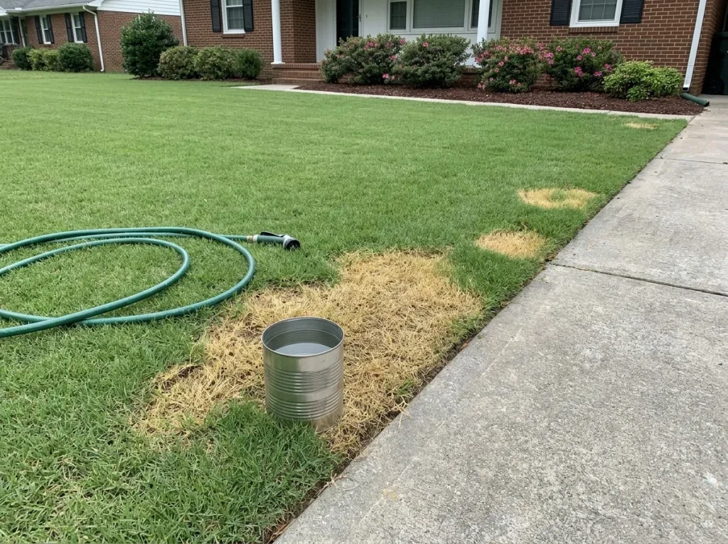Homeowner running a chinch bug float test at the edge of a damaged lawn patch using an open coffee can and garden hose