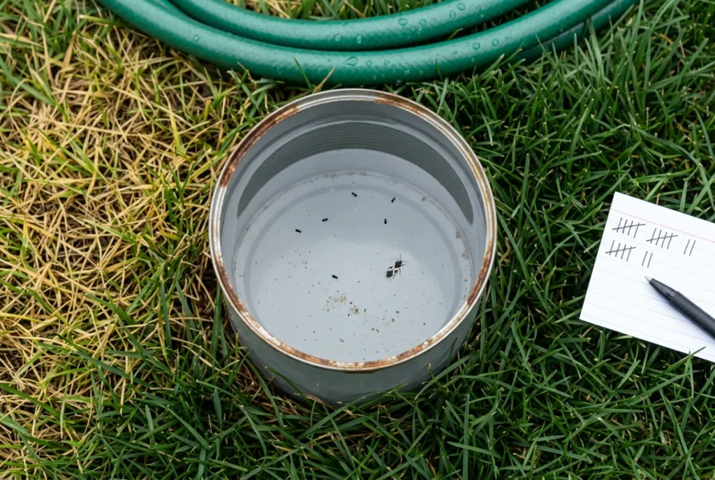 Homeowner running a chinch bug float test at the edge of a damaged lawn patch using an open coffee can and garden hose