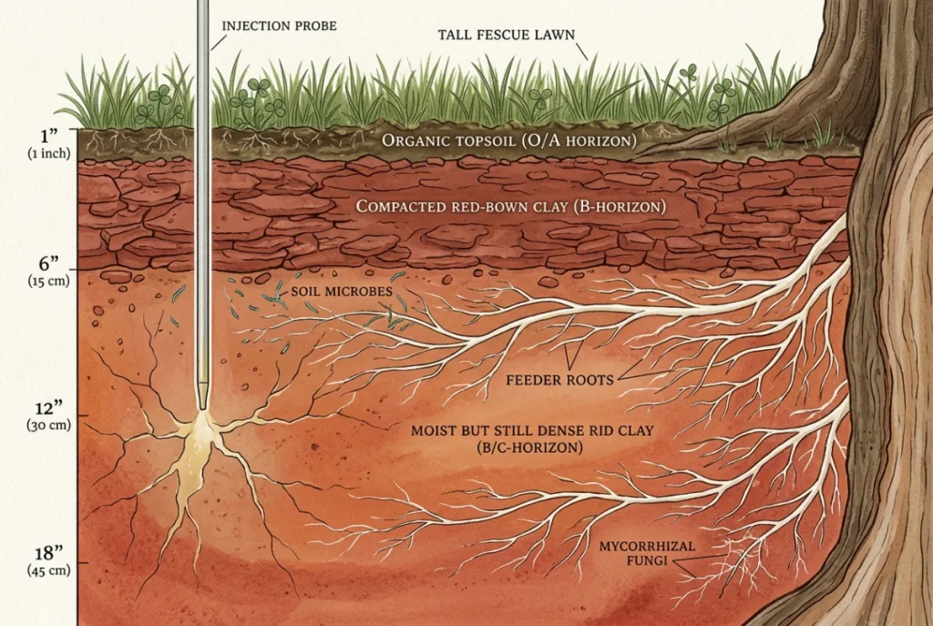 Cross-section illustration of North Carolina clay soil showing tree feeder roots at 6 to 18 inch depth where deep root feeding delivers nutrients