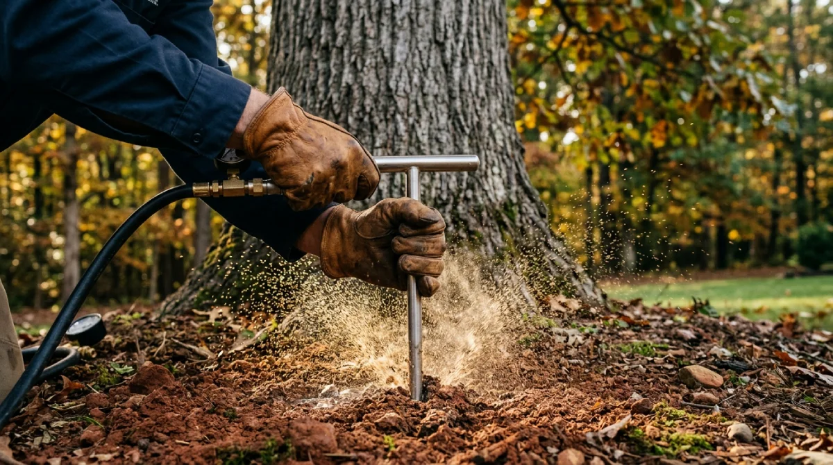Deep root tree fertilization probe injecting biological nutrients into North Carolina clay soil beneath a mature oak canopy