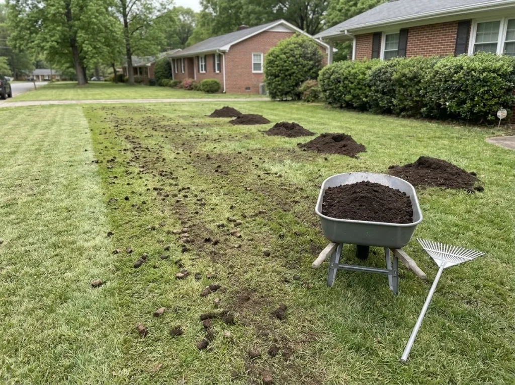 Dark composted top-dressing being spread over an aerated tall fescue lawn to rebuild organic matter in North Carolina North Carolina clay soil.