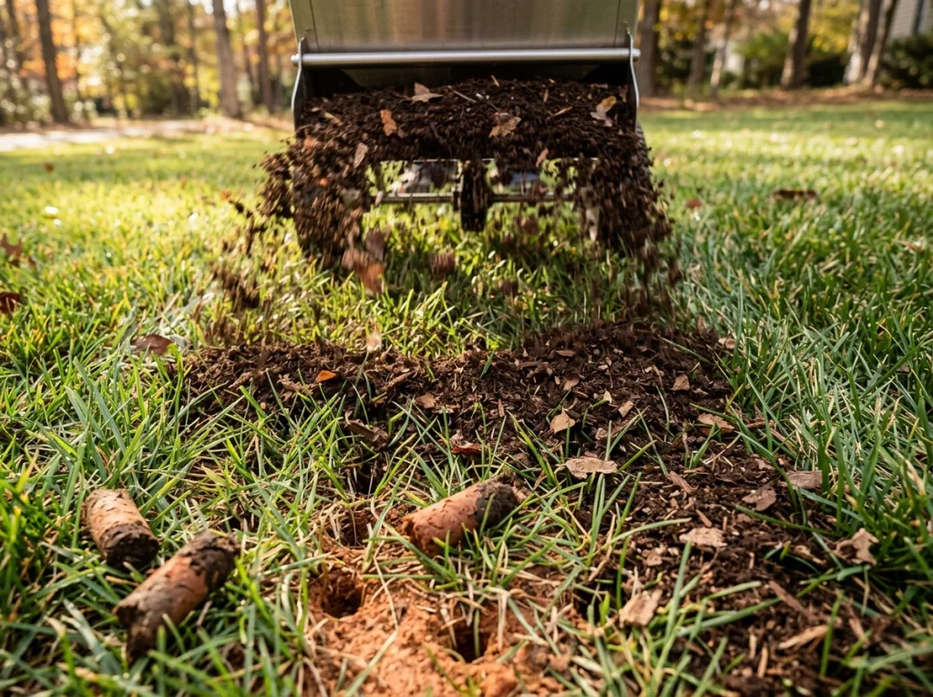 Dark composted top-dressing being spread over an aerated tall fescue lawn to rebuild organic matter in North Carolina North Carolina clay soil.