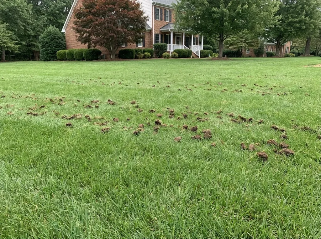 Hollow-tine core aeration plugs scattered across a North Carolina tall fescue lawn showing the removed cylindrical soil cores that relieve NC clay compaction.