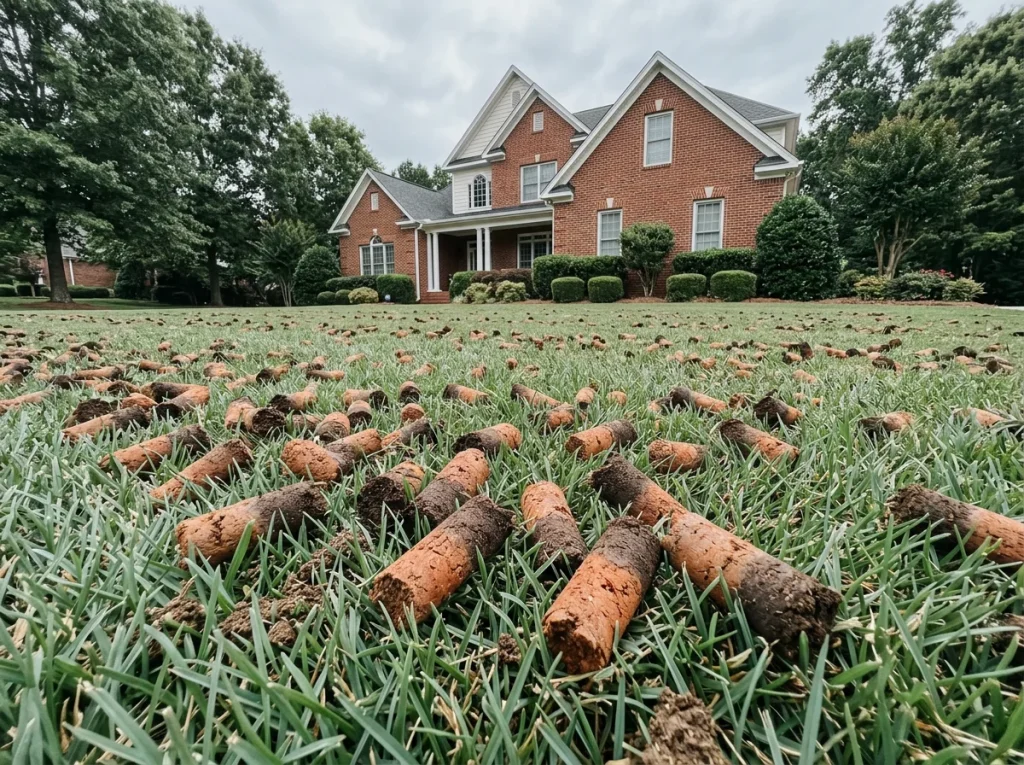 Hollow-tine core aeration plugs scattered across a North Carolina tall fescue lawn showing the removed cylindrical soil cores that relieve NC clay compaction.