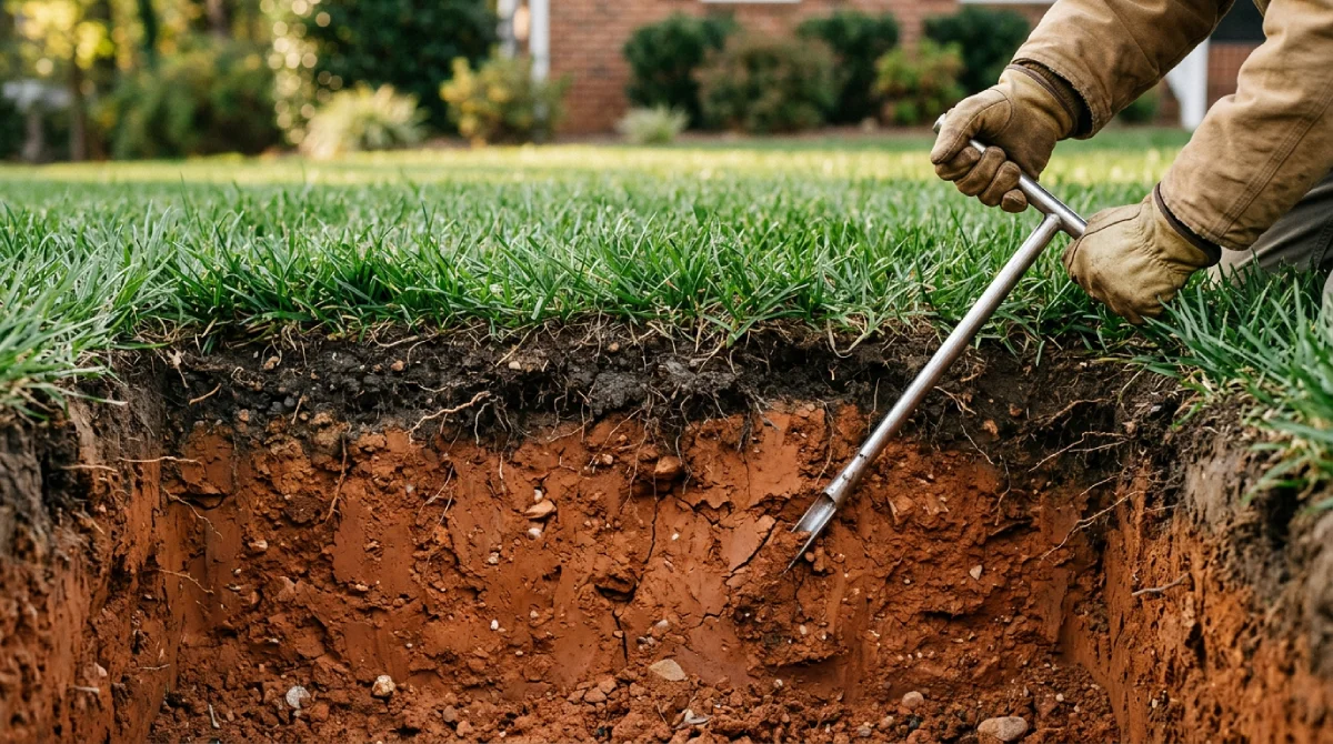 Weathered North Carolina red clay lawn edge showing the layered structure of Cecil-series soil beneath tall fescue turf in North Carolina.