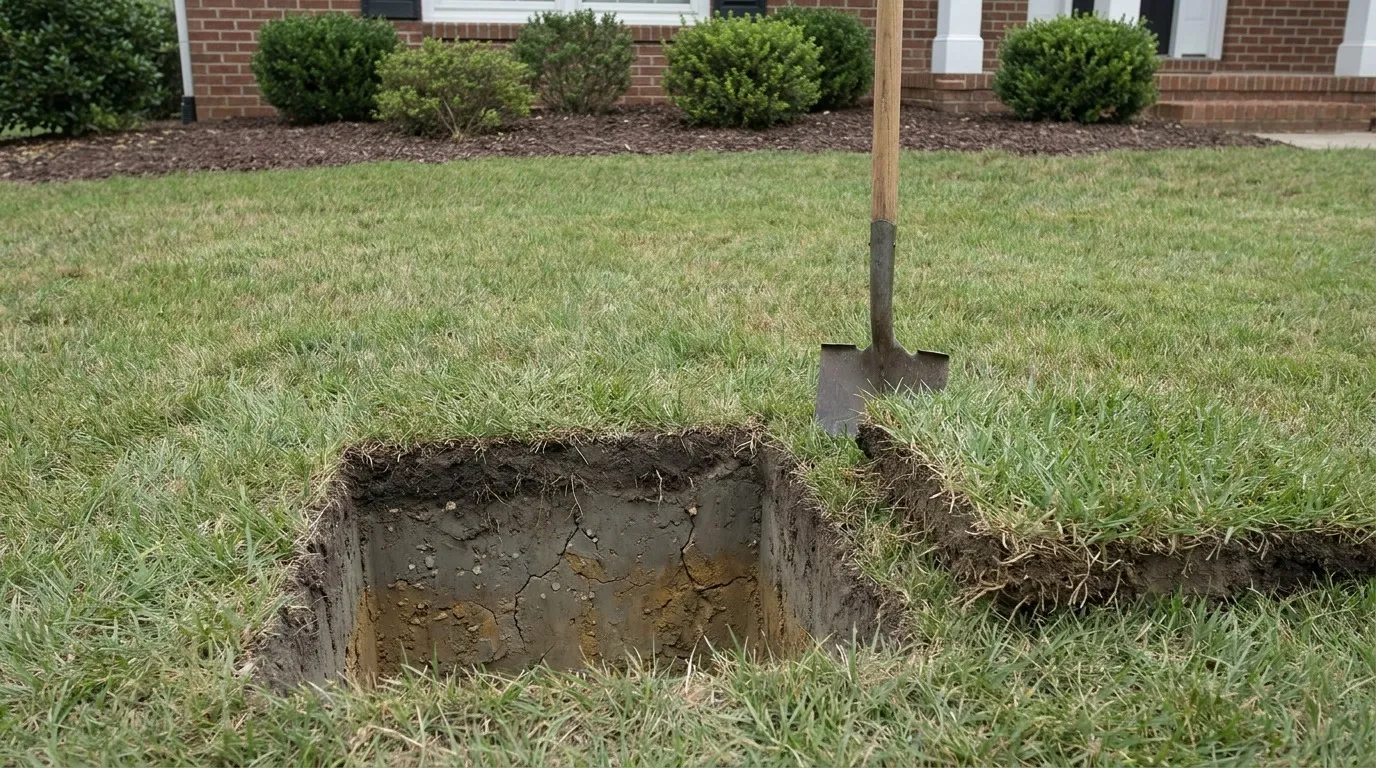Weathered North Carolina red clay lawn edge showing the layered structure of Cecil-series soil beneath tall fescue turf in North Carolina.