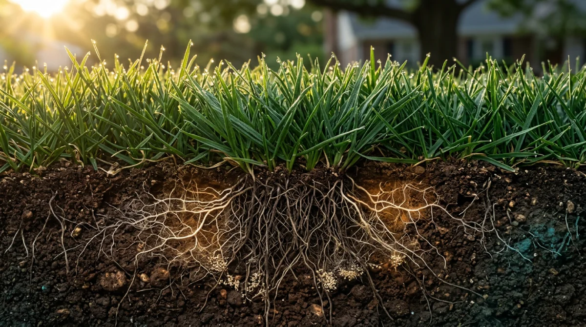 Cross-section view of healthy North Carolina lawn showing green grass above and soil microbes and lawn disease suppression activity in the rhizosphere below