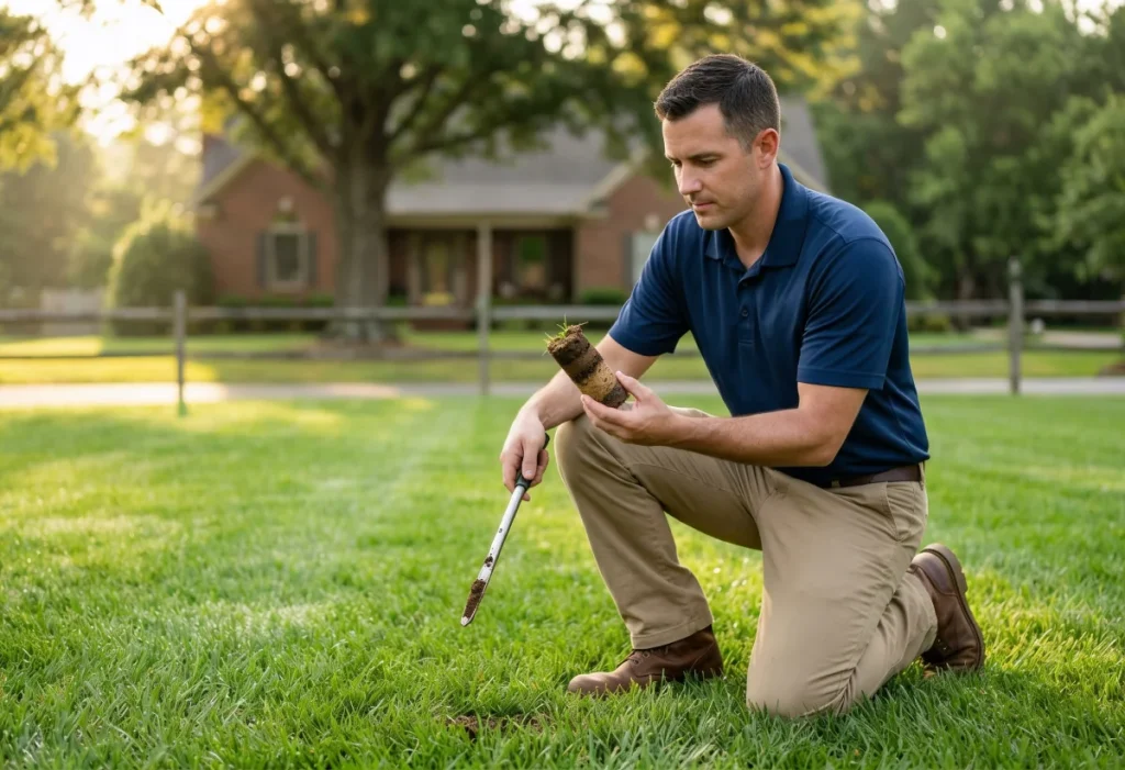 Nature's Select technician inspecting soil core sample on a North Carolina lawn to assess soil microbes and lawn disease pressure