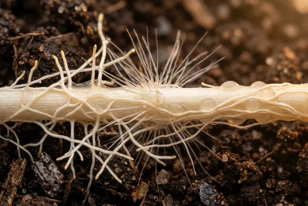 Extreme macro view of beneficial Trichoderma fungal mycelium wrapping grass root surface demonstrating competitive exclusion in lawn soil