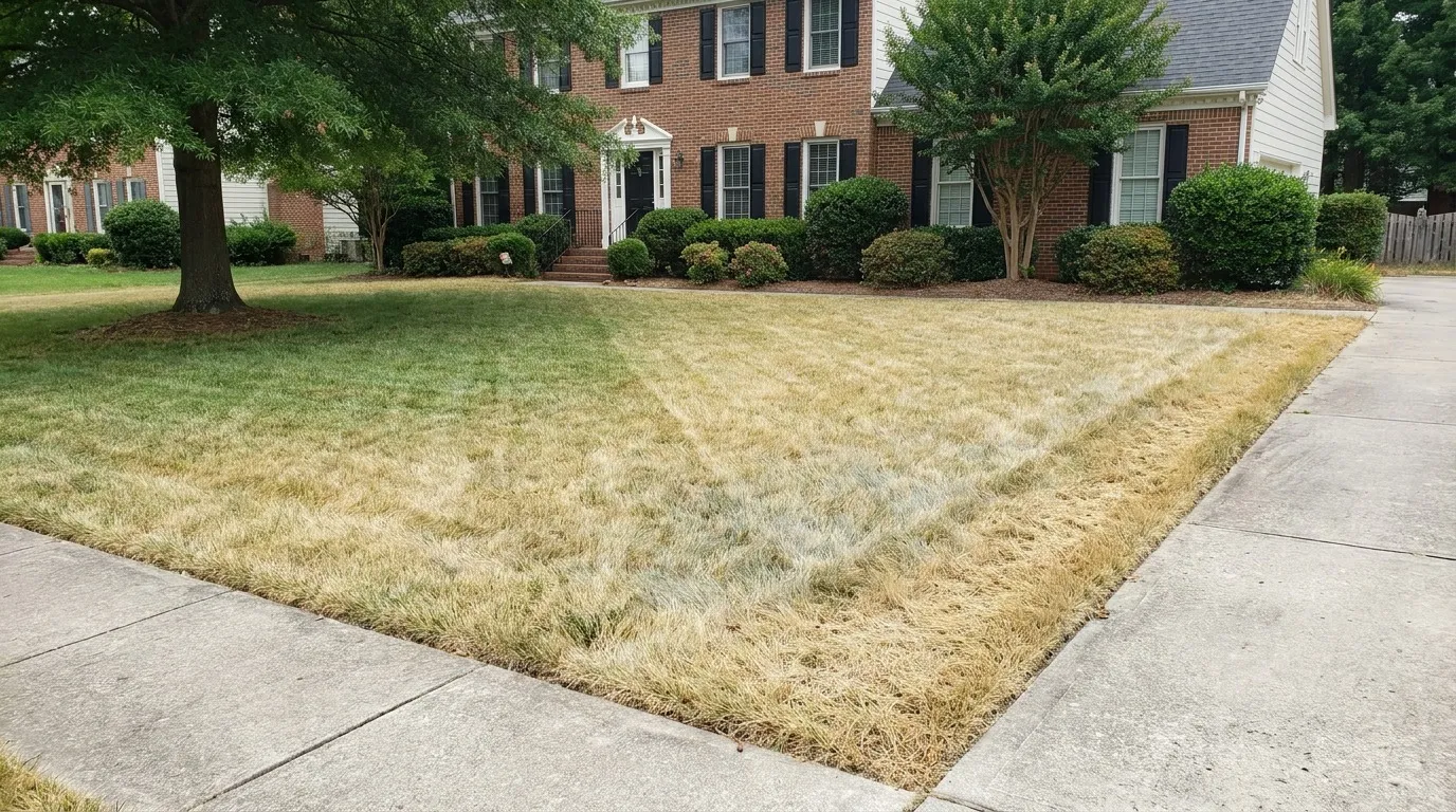 North Carolina residential lawn showing yellow summer stress patches in July heat, tall fescue diagnostic close-up