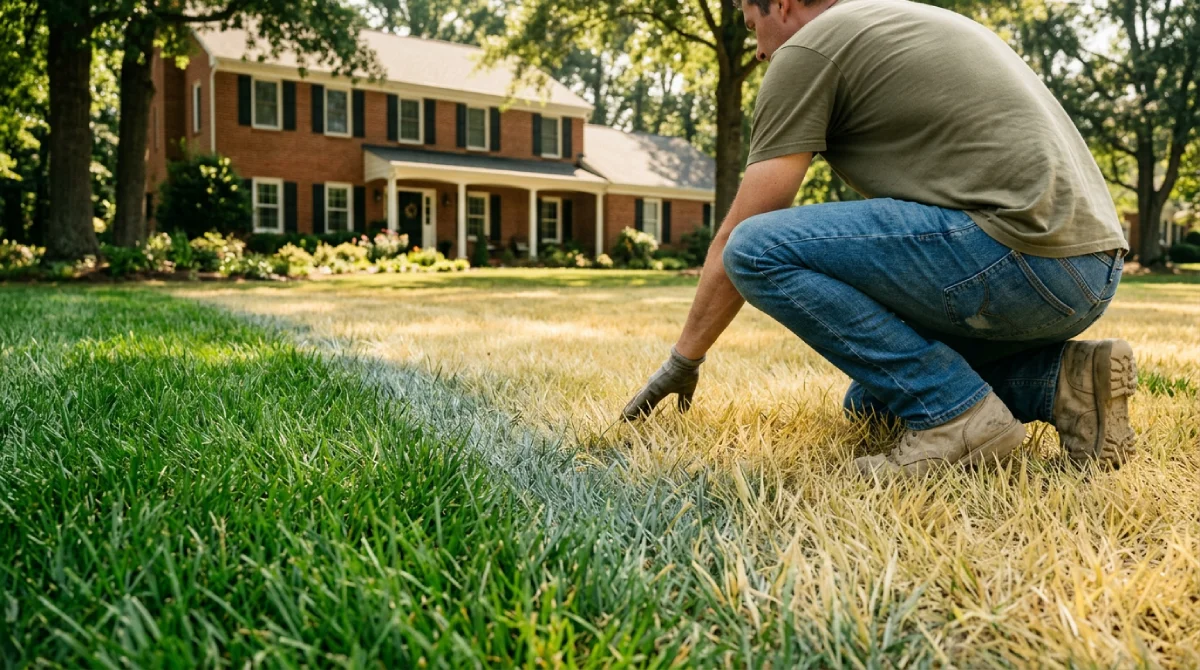 North Carolina residential lawn showing yellow summer stress patches in July heat, tall fescue diagnostic close-up