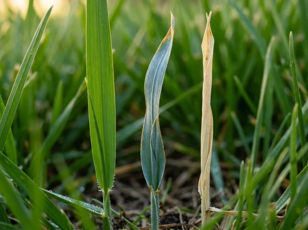 Tall fescue blade close-up showing heat stress leaf roll and blue-gray coloration on North Carolina lawn in summer