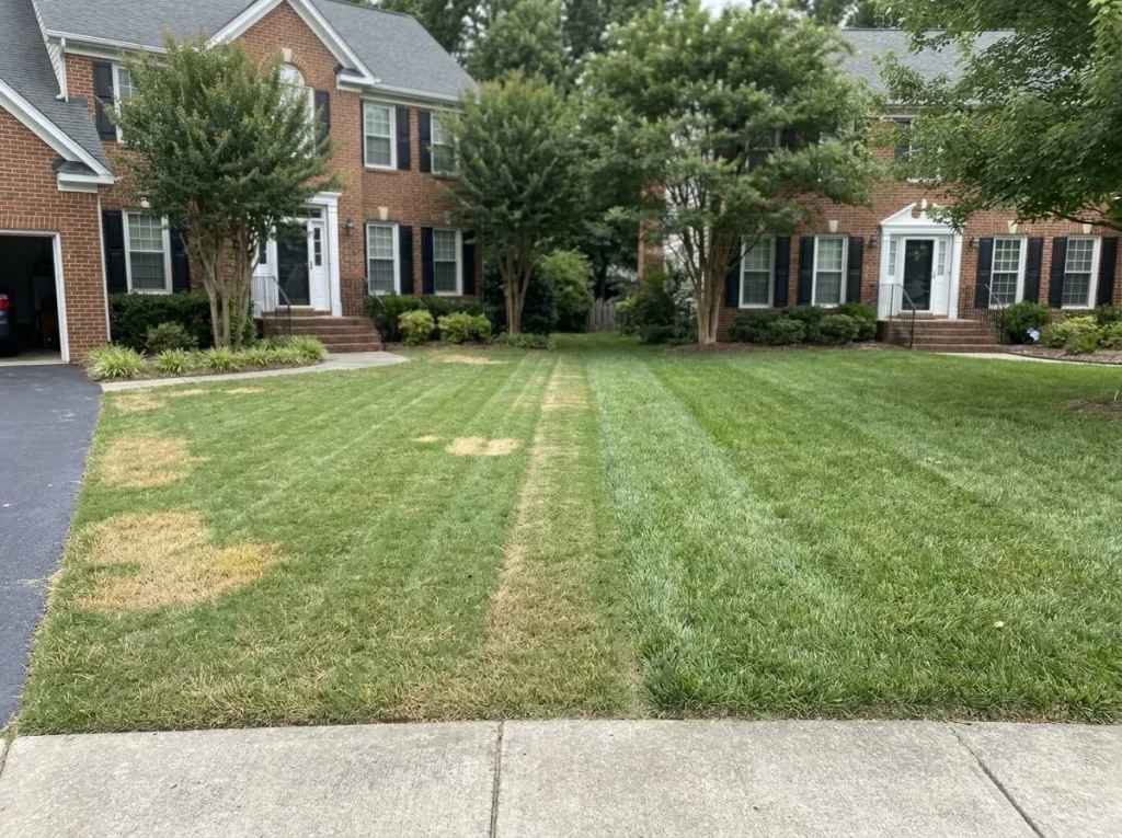 Side-by-side comparison of yellowed heat-stressed North Carolina lawn next to healthy neighboring biological lawn care yard