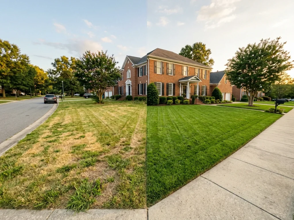 Side-by-side comparison of yellowed heat-stressed North Carolina lawn next to healthy neighboring biological lawn care yard