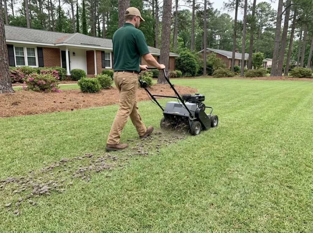 Bermuda lawn in the Sandhills of central North Carolina during the late-spring aeration window with visible active green-up and warm soil conditions.