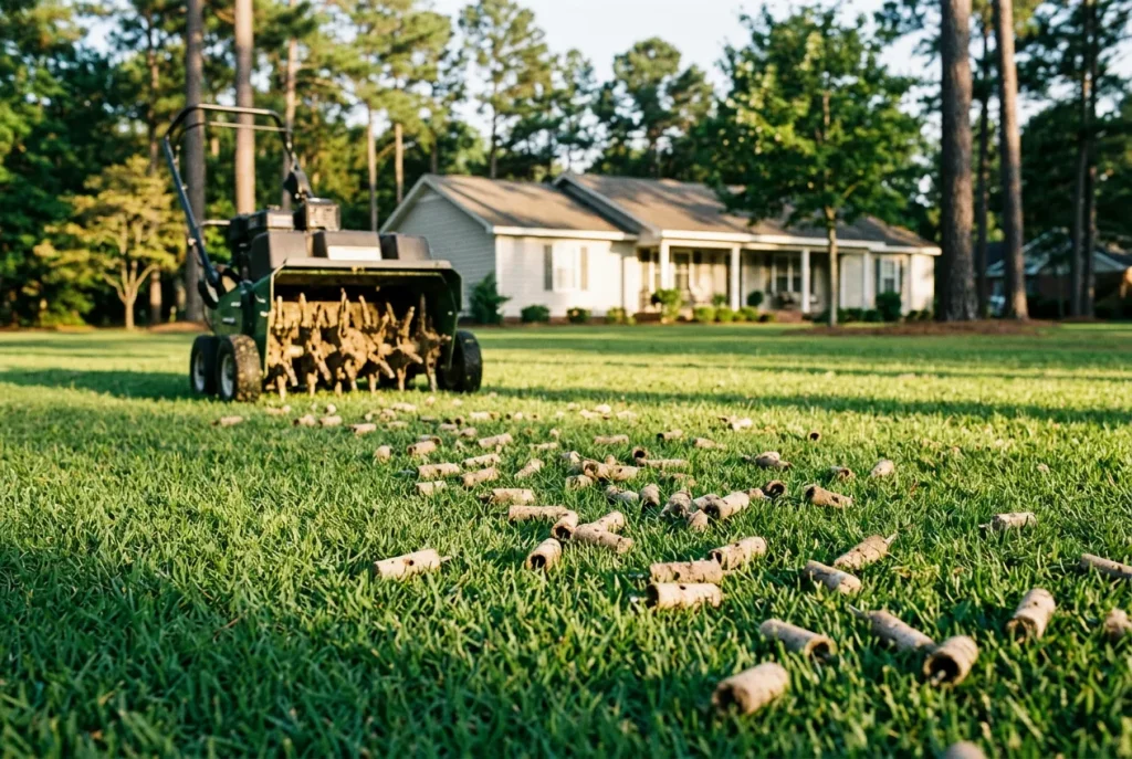 Bermuda lawn in the Sandhills of central North Carolina during the late-spring aeration window with visible active green-up and warm soil conditions.