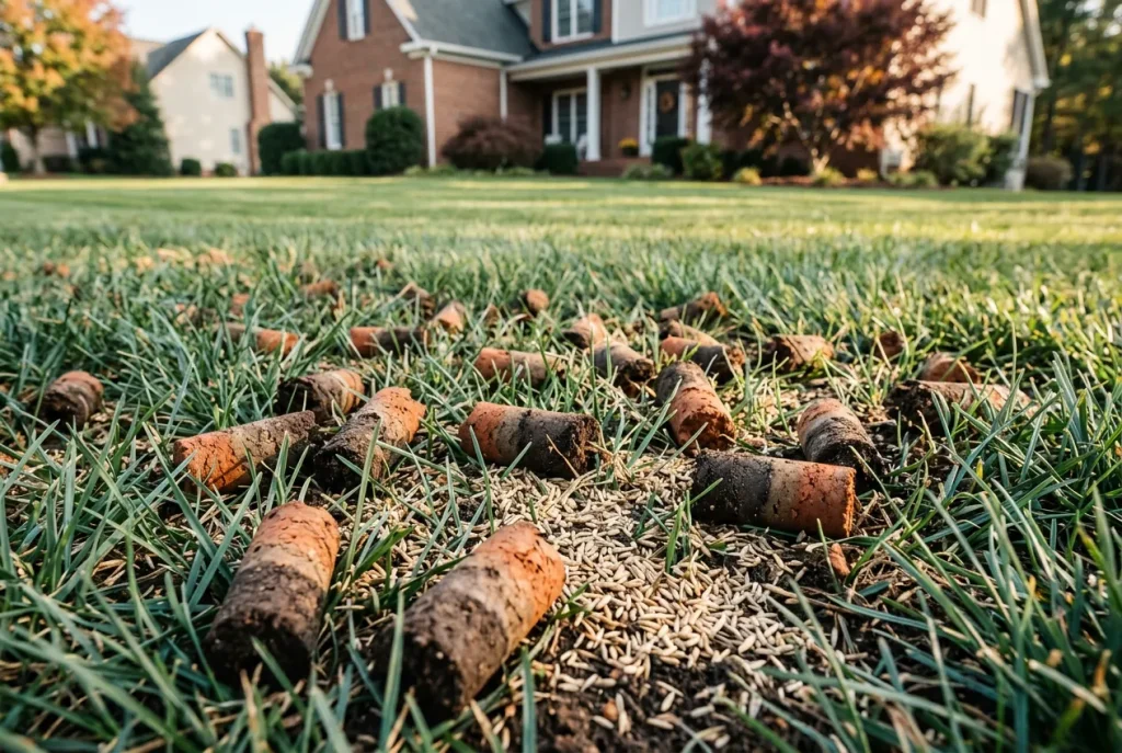 Fresh hollow-tine core aeration plugs on a tall fescue lawn in the Triad during the September fescue overseed window in central North Carolina.