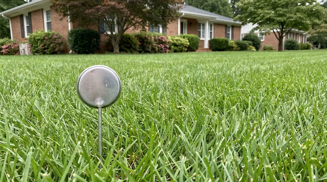 Soil thermometer reading four-inch depth in a tall fescue lawn in central North Carolina during the fall aeration window with early-morning autumn light.