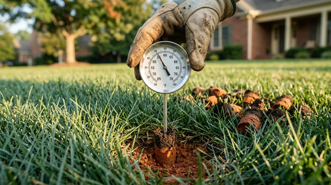 Soil thermometer reading four-inch depth in a tall fescue lawn in central North Carolina during the fall aeration window with early-morning autumn light.