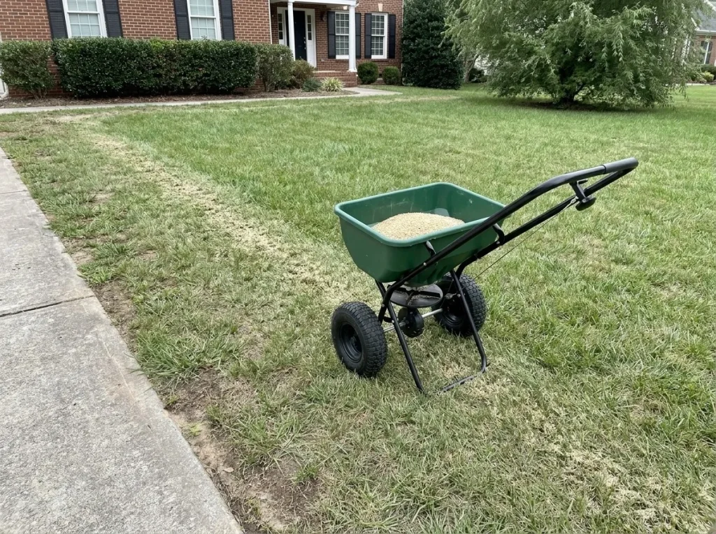 Homeowner pushing broadcast spreader across tall fescue lawn during fall overseeding at correct seeding rate in North Carolina.