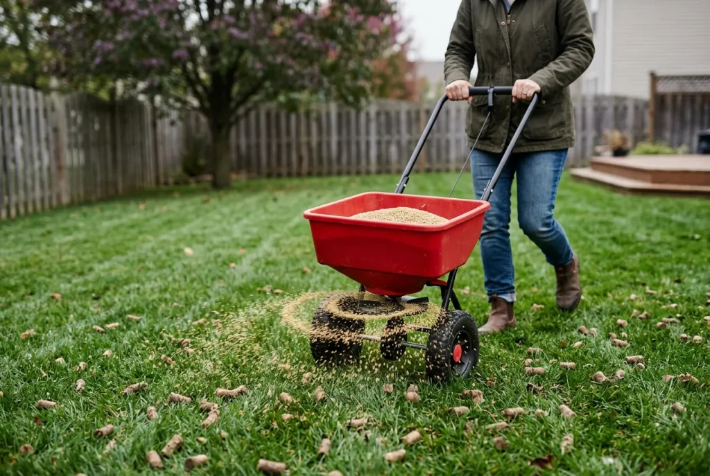 Homeowner pushing broadcast spreader across tall fescue lawn during fall overseeding at correct seeding rate in North Carolina.