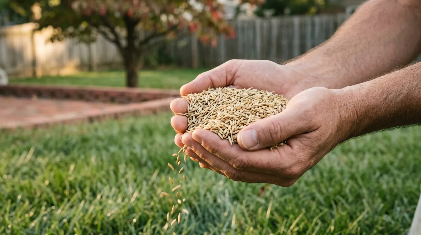 Homeowner's hands cupping turf-type tall fescue seed above green lawn showing overseeding rate for North Carolina fescue.